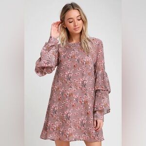 Lulus Day Date Mauve Floral Print Tiered Flounce Sleeve Mini Dress Size L